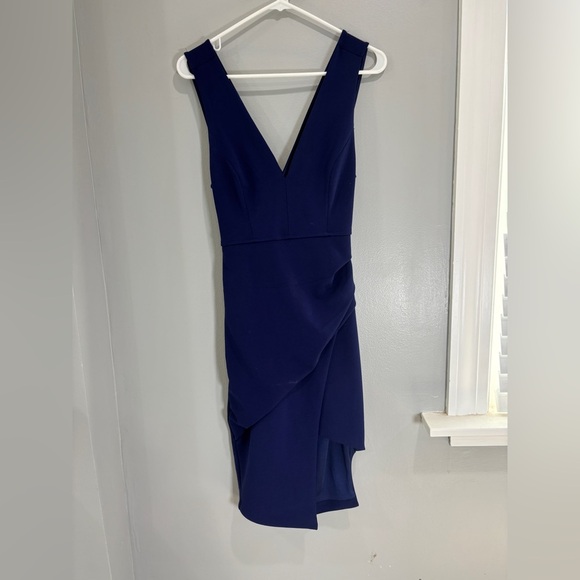Windsor Blue Midi Assymterical hem Cross Back cutout bodycon stretch dress M - Picture 1 of 11